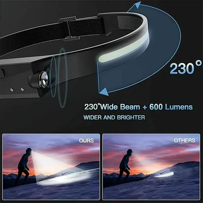 Rechargeable Headlamp with New 1200mAh Battery, 230° Wide-Angle LED and Motion Sensor, Ideal for Running, Fishing, Cycling, Camping, and Repairing